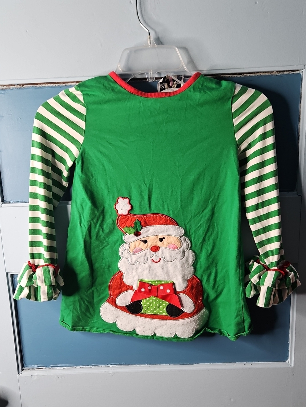 Rare Editions Green & Red Girls' Tunic Top - Puff Santa 6X